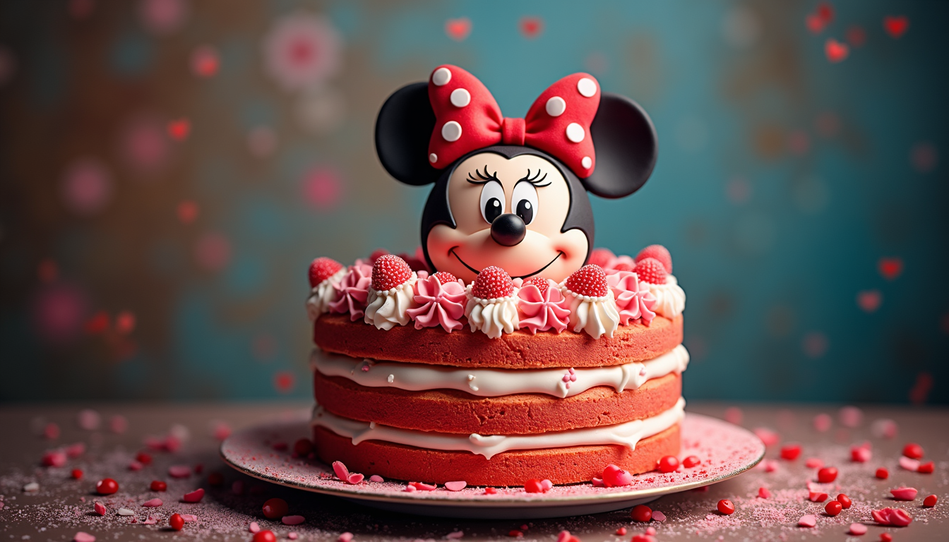 Un tort Minnie Mouse roz și negru, decorat cu cremă de unt, fără marțipan.